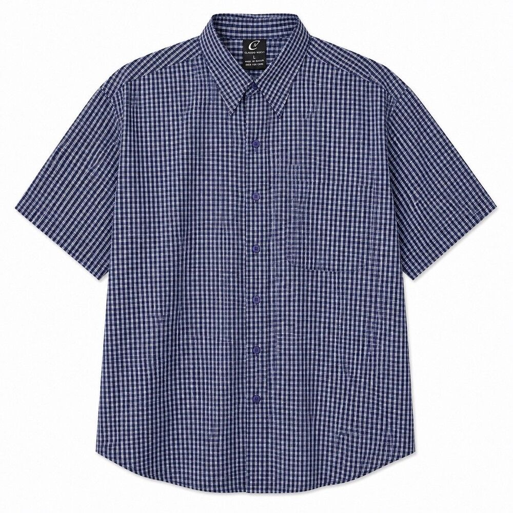 Claudio Nucci Shirt Mens Large Blue Plaid Short Sleeve Button Front Casual